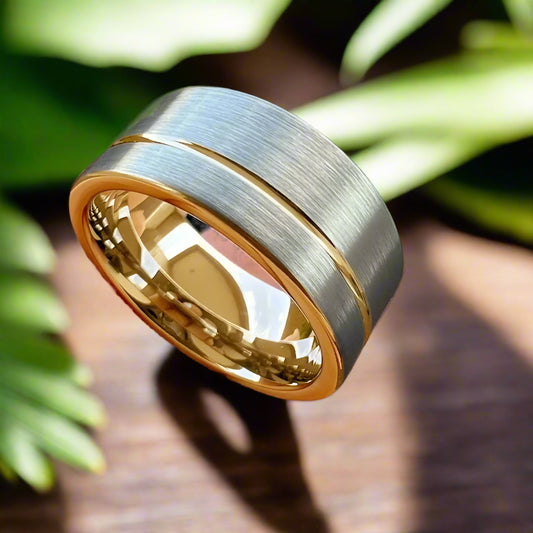 10mm Tungsten Wide Offset Groove Ring – Bold Blue Accent for Confident Expression (Men’s) - Promise Rings