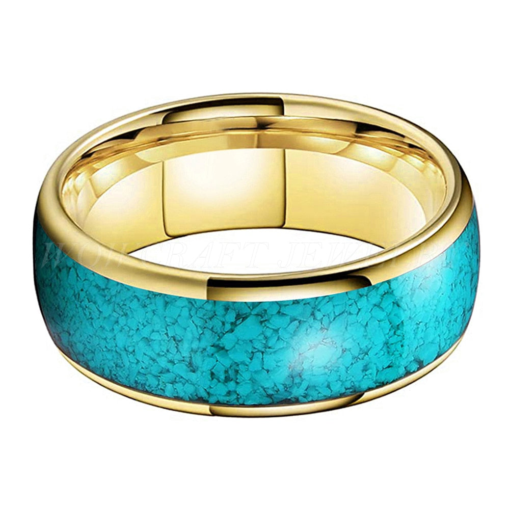 4mm, 6mm, 8mm Crushed Turquoise Inlay Gold Color Tungsten Unisex Ring - Promise Rings