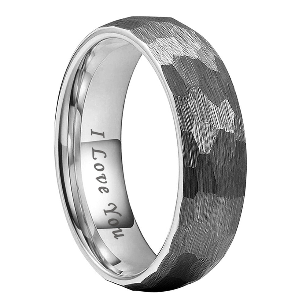 4mm, 6mm, 8mm Custom Engraved Hammered Silver Tungsten Unisex Ring - Promise Rings