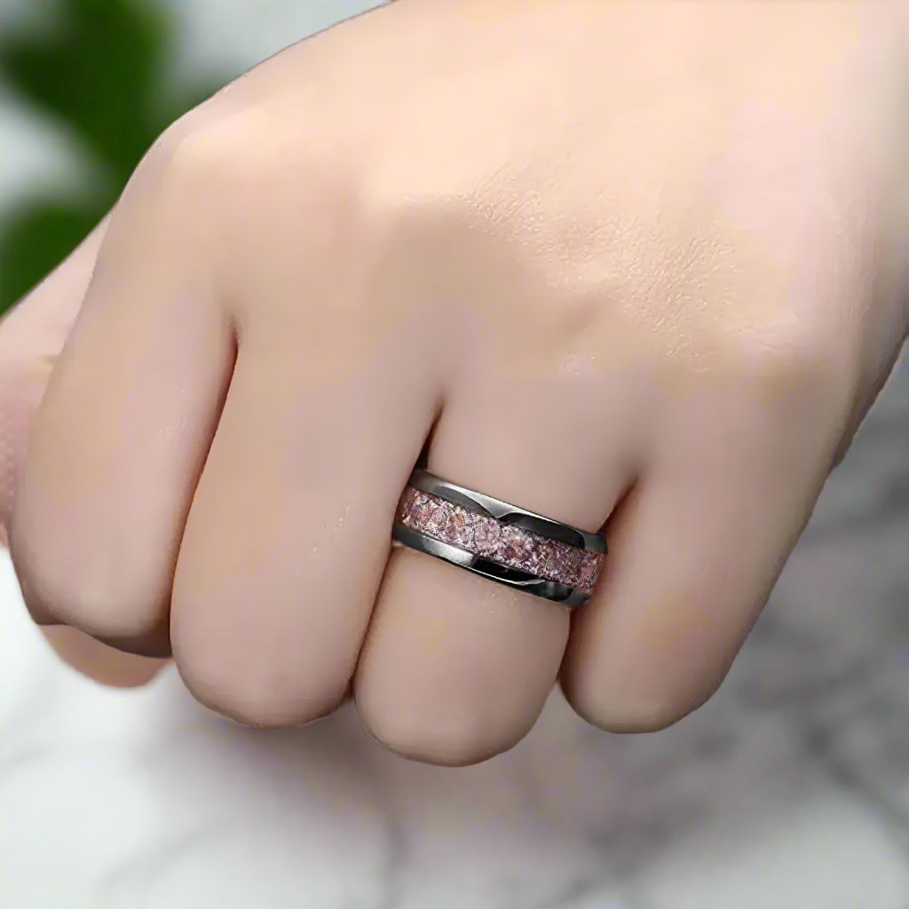 4mm, 8mm Black Tungsten Pink Morganite Inlay Ring – Symbol of Love and Strength (Unisex) - Promise Rings