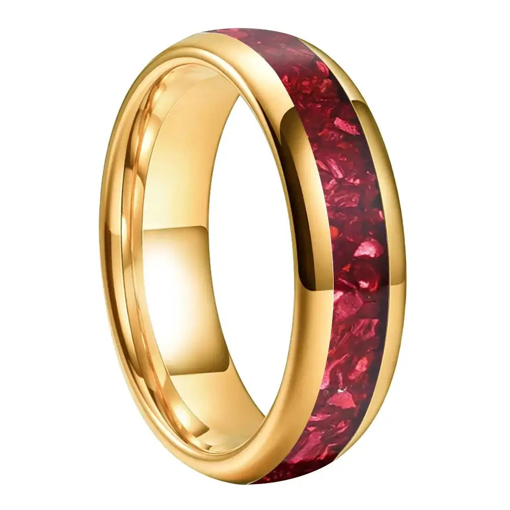 4mm, 6mm, 8mm Tungsten Red Crystal Stone Gold Ring – Vibrant Inlay (Unisex) - Promise Rings