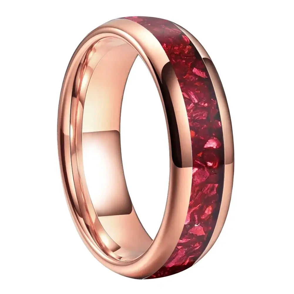 4mm, 6mm, 8mm Tungsten Red Crystal Stone Rose Gold Ring – Vibrant Inlay (Unisex) - Promise Rings