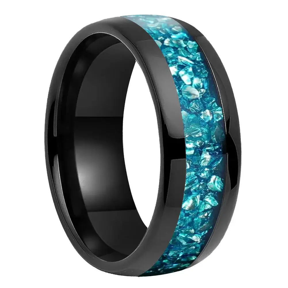 4mm, 6mm, 8mm Tungsten Sky Blue Crystal Stone Black Ring – Natural Inlay & Comfort Fit (Unisex) - Promise Rings