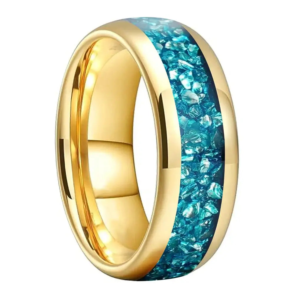 4mm, 6mm, 8mm Tungsten Sky Blue Crystal Stone Gold Ring – Natural Inlay & Comfort Fit (Unisex) - Promise Rings