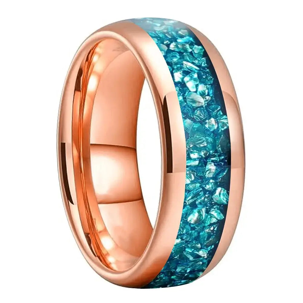 4mm, 6mm, 8mm Tungsten Sky Blue Crystal Stone Rose Gold Ring – Natural Inlay & Comfort Fit (Unisex) - Promise Rings