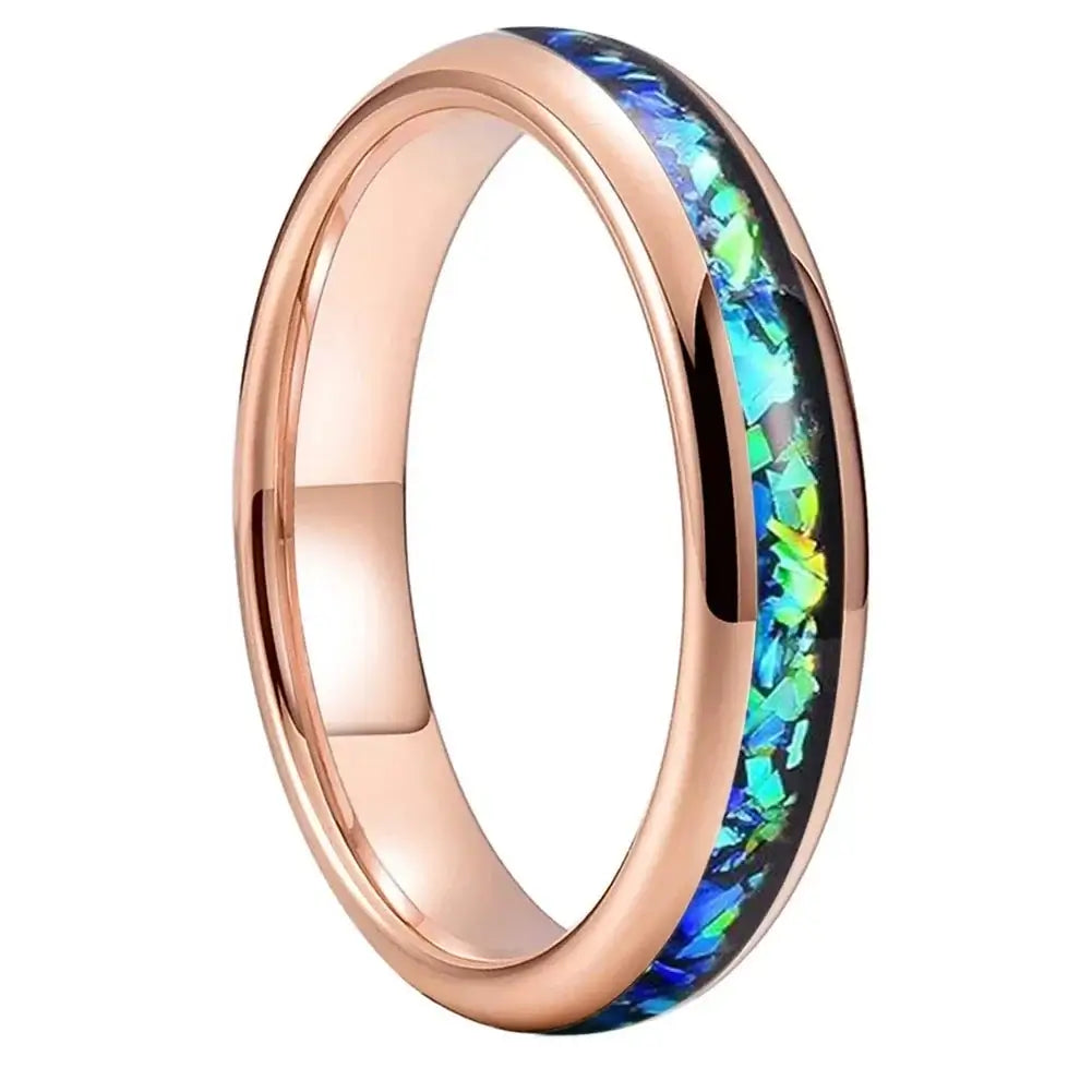 4mm Tungsten Blue Green Opal Fragments Domed Ring – Symbol of Harmony and Renewal (Women’s) - Promise Rings