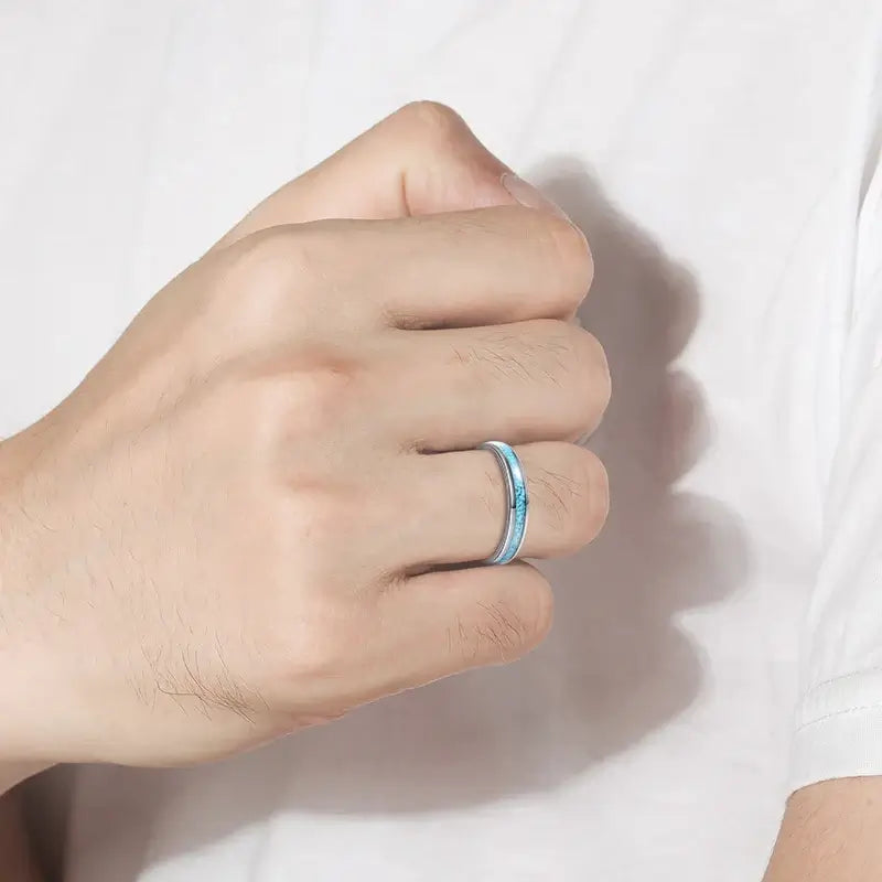 4mm Crushed Blue Turquoise Silver Tungsten Ring – Delicate Stone Inlay (Women’s) - Promise Rings