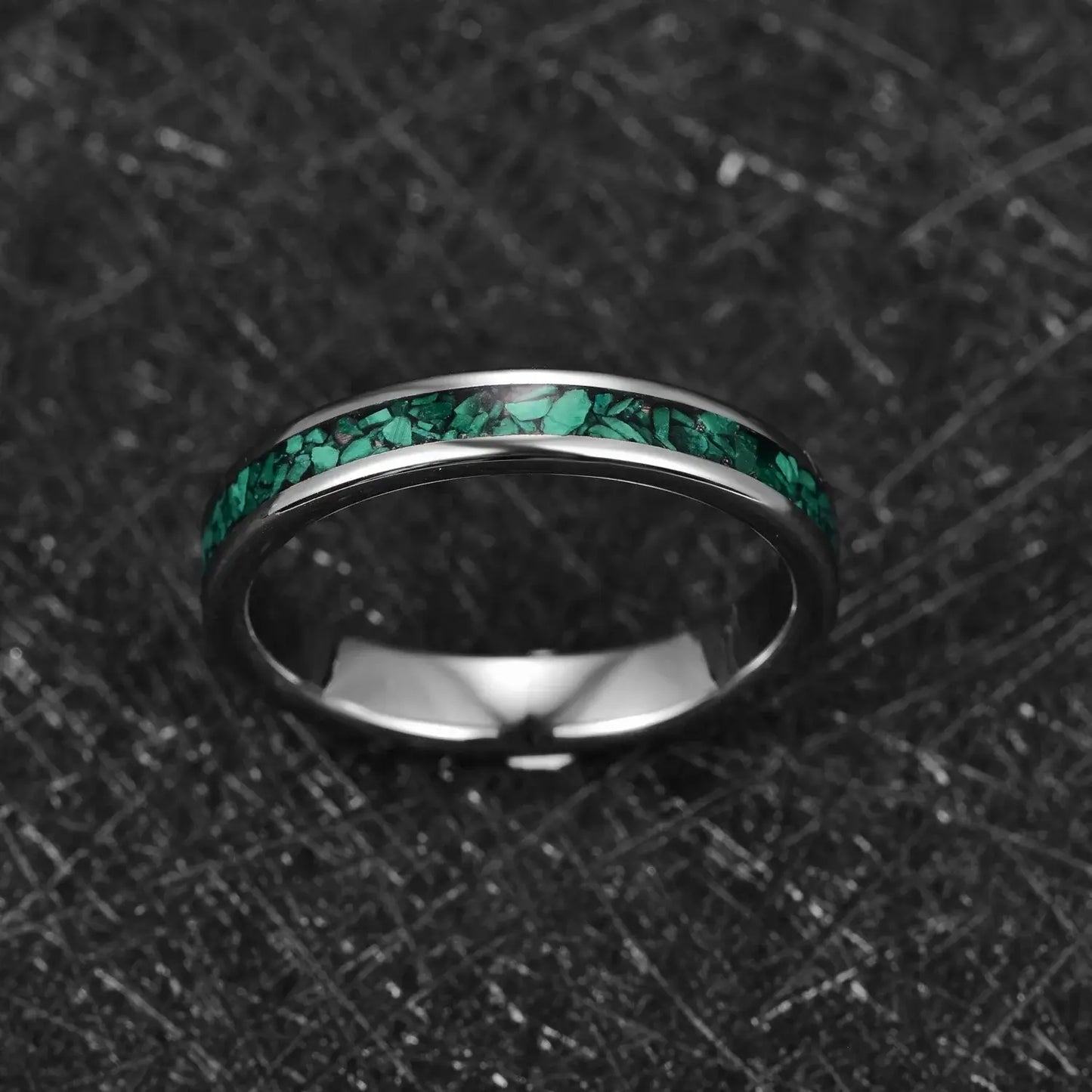 4mm Silver Tungsten Ring – Green Malachite Stone Inlay (Women’s) - Promise Rings