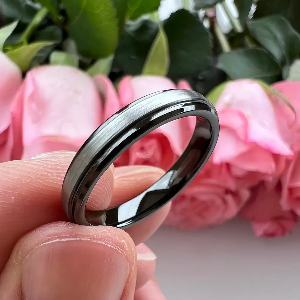 4mm Black Silver Tungsten Narrow Stepped Beveled Ring – Sleek Modern Design (Women’s) - Promise Rings