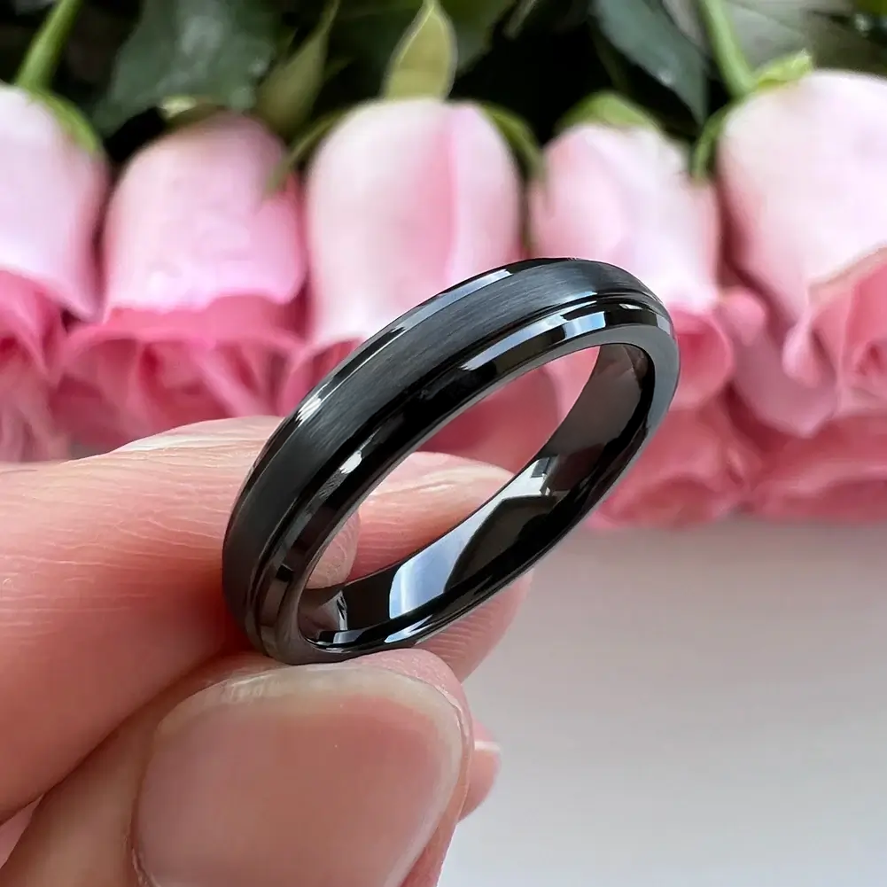 4mm Black Tungsten Narrow Stepped Beveled Ring – Sleek Modern Design (Women’s) - Promise Rings