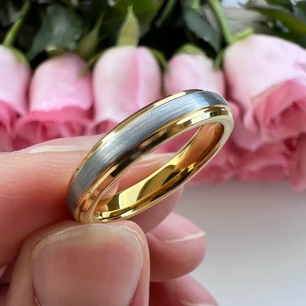 4mm Gold & Silver Tungsten Narrow Stepped Beveled Ring – Elegant Contrast Design (Women’s) - Promise Rings