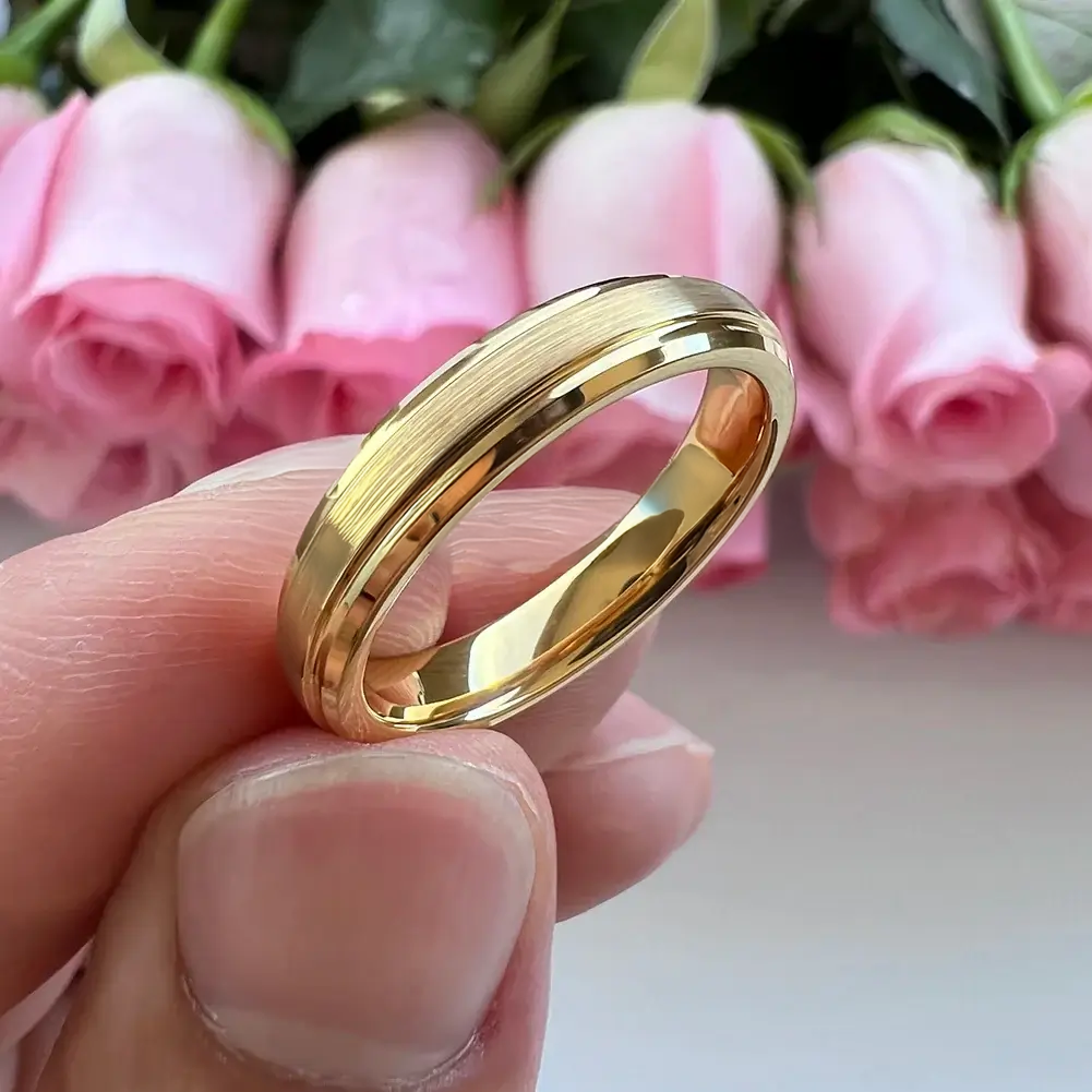 4mm Gold Tungsten Narrow Stepped Beveled Ring – Elegant Minimalist Design (Women’s) - Promise Rings