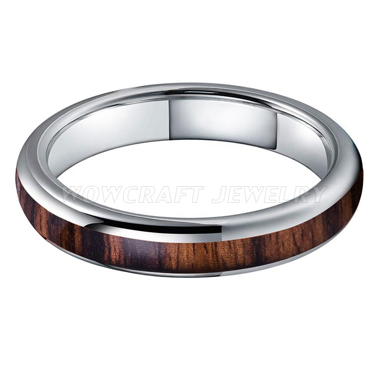 4mm Nature Wood Inlay Polished Shiny Silver Tungsten Unisex Ring - Promise Rings