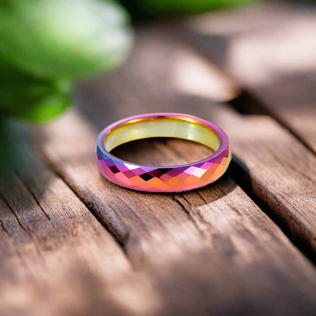 4mm Tungsten Rainbow Dazzling Rhombus Polyhedral Section Polish Ring – Vibrant Geometric Design (Women’s) - Promise Rings
