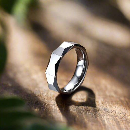 5.5mm Silver Tungsten Ring – Multi-Faceted Geometric Design (Unisex) - Promise Rings