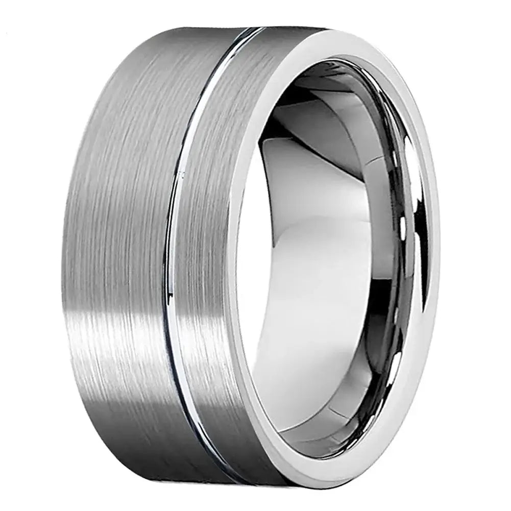 6mm, 8mm, 10mm Silver Tungsten Offset Line Pipe Cut Ring – Modern Industrial Style (Unisex) - Promise Rings