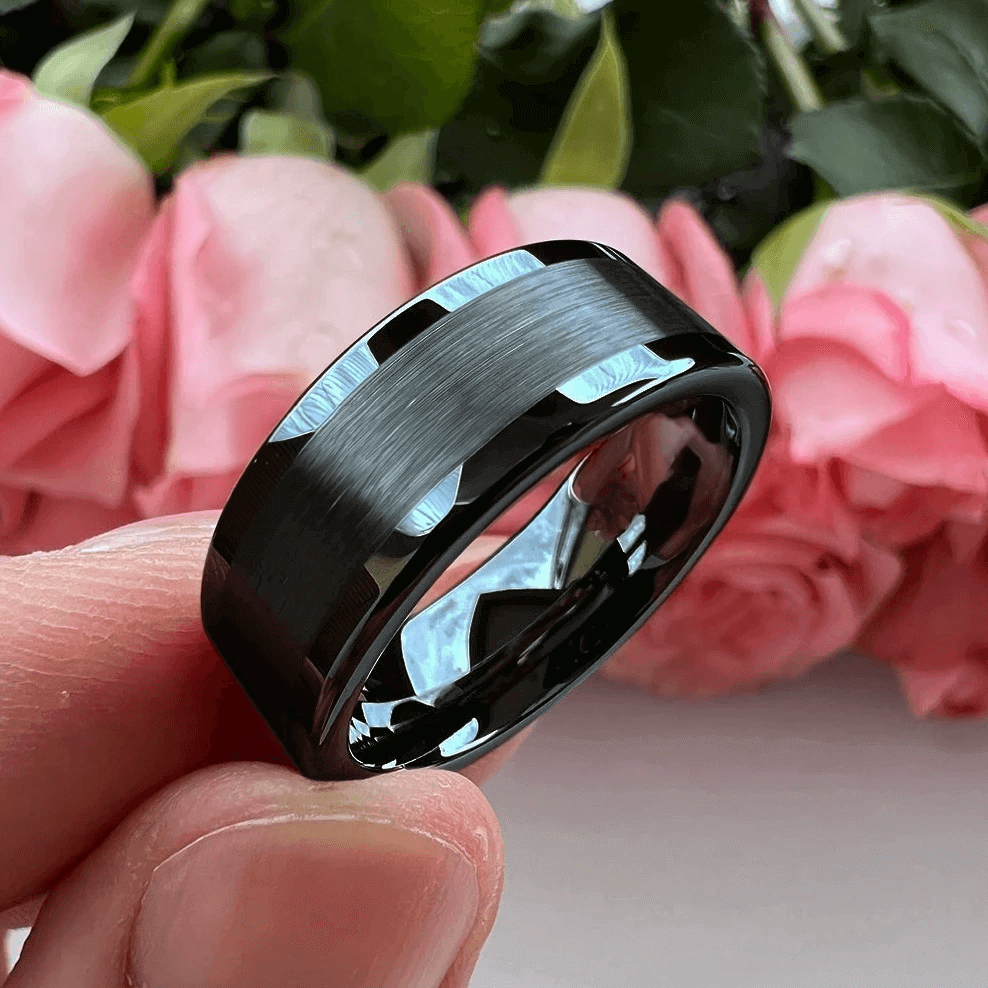 6mm & 8mm Tungsten Classic Black Centre Brushed with Polished Edges Ring – Bold Modern Statement (Unisex) - Promise Rings