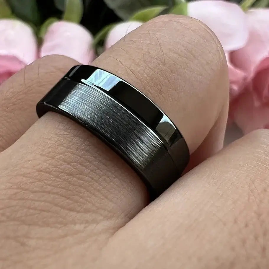 6mm & 8mm Tungsten Black Offset Groove Polished and Brushed Two-Tone Ring – Bold Contrast and Modern Style (Unisex) - Promise Rings