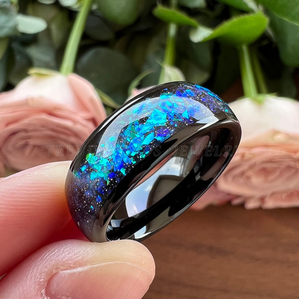 6mm & 8mm Bright Opal Inlay Polished Unisex Tungsten Rings - Promise Rings
