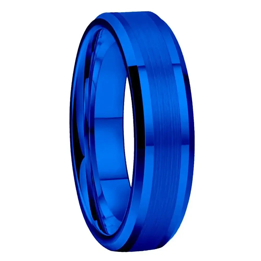 6mm & 8mm Tungsten Centre Brushed Polished Edge Ring – Sleek Two-Tone Style in White Silver and Blue (Unisex) - Promise Rings