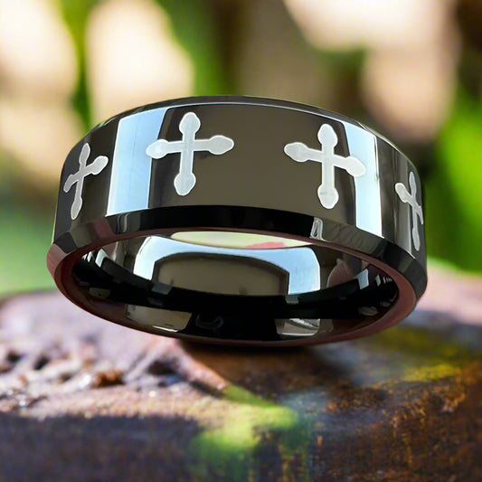 6mm & 8mm Black Tungsten Cross Pattern Ring – Strength and Faith Symbolism (Unisex) - Promise Rings