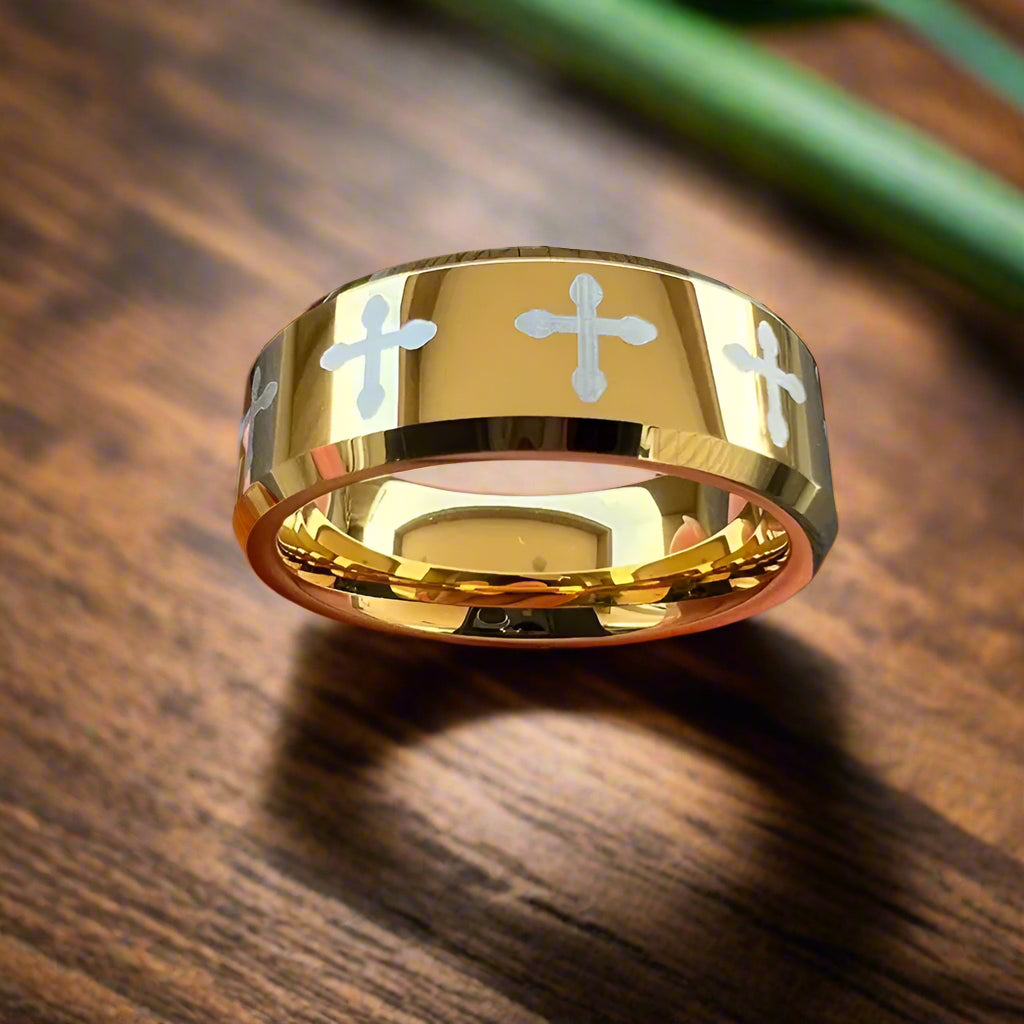 6mm & 8mm Gold Tungsten Cross Pattern Ring – Radiance of Faith and Strength (Unisex) - Promise Rings
