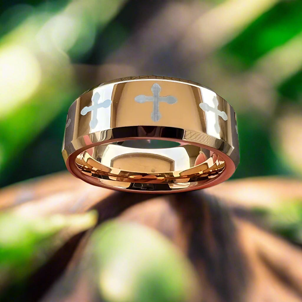 6mm & 8mm Rose Gold Tungsten Cross Pattern Ring – Faith and Elegance United (Unisex) - Promise Rings