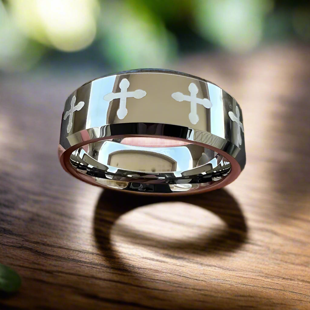 6mm & 8mm Tungsten Cross Pattern Ring – Symbol of Faith and Unity (Unisex) - Promise Rings