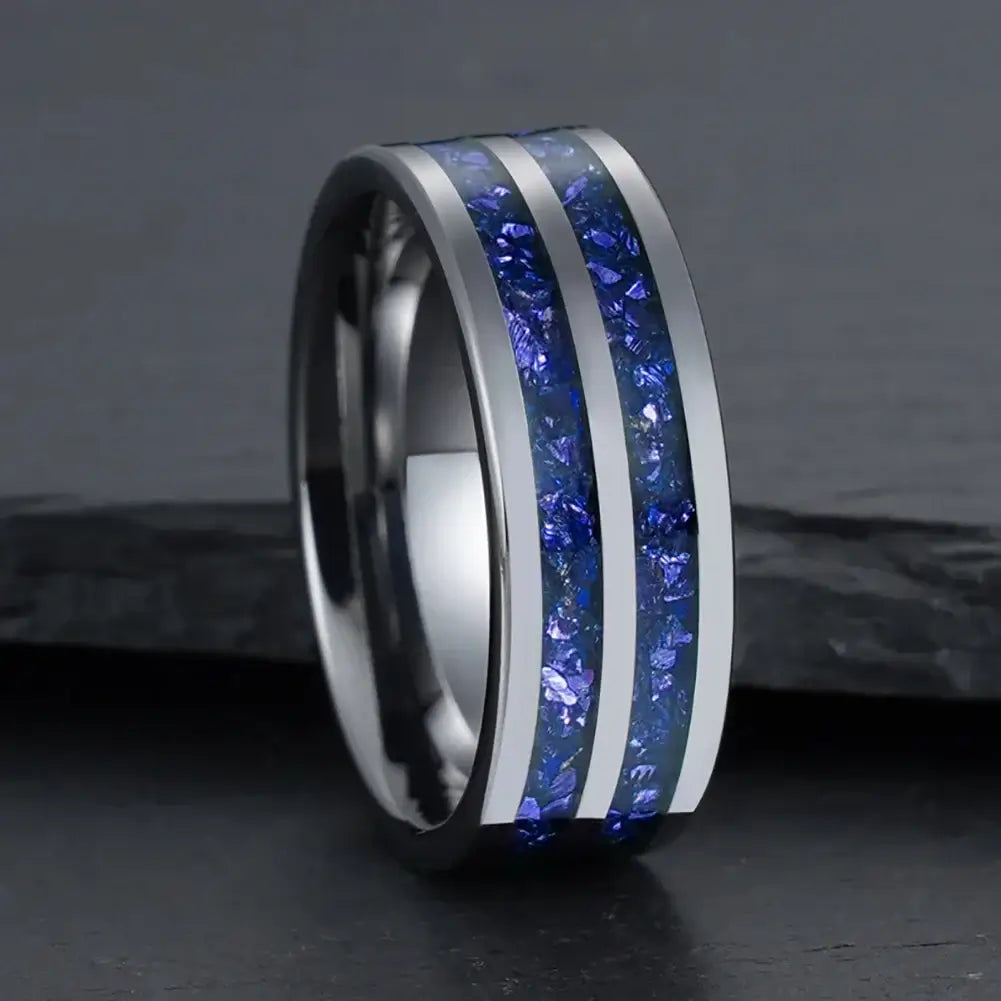 6mm, 8mm Tungsten Double Band Ring – Dual Blue Crystal Symbolism (Unisex) - Promise Rings