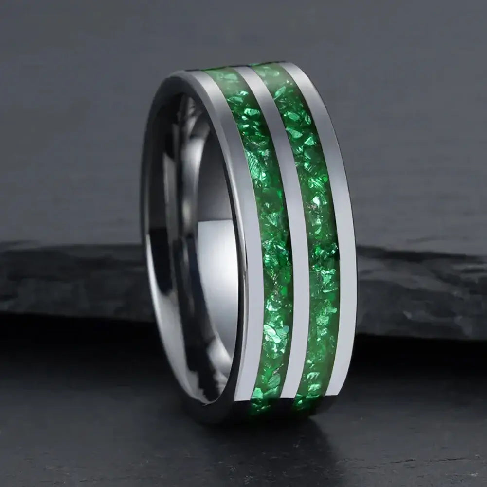 6mm, 8mm Tungsten Double Band Ring – Dual Green Crystal Symbolism (Unisex) - Promise Rings