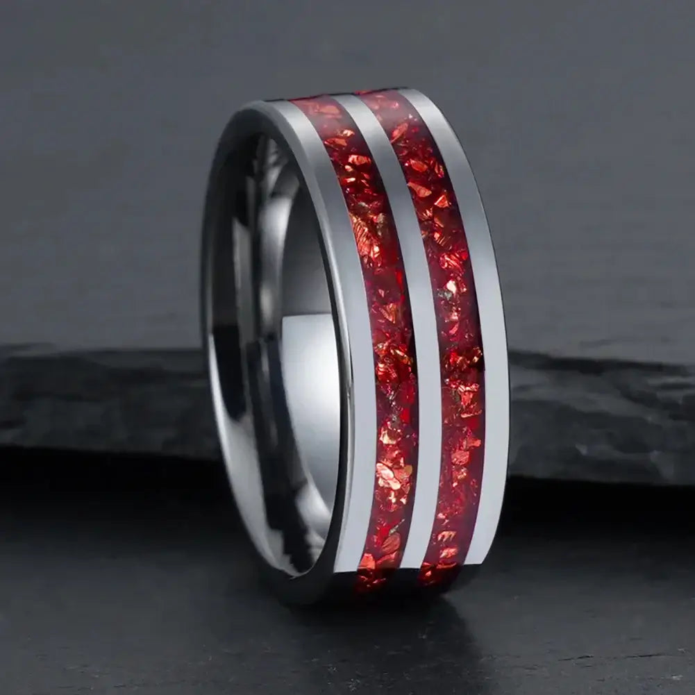 6mm, 8mm Tungsten Double Band Ring – Dual Red Crystal Symbolism (Unisex) - Promise Rings