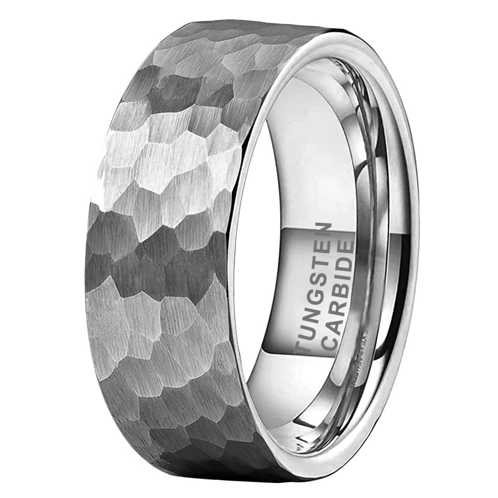 6mm, 8mm Flat Hammered Silver Tungsten Unisex Ring - Promise Rings