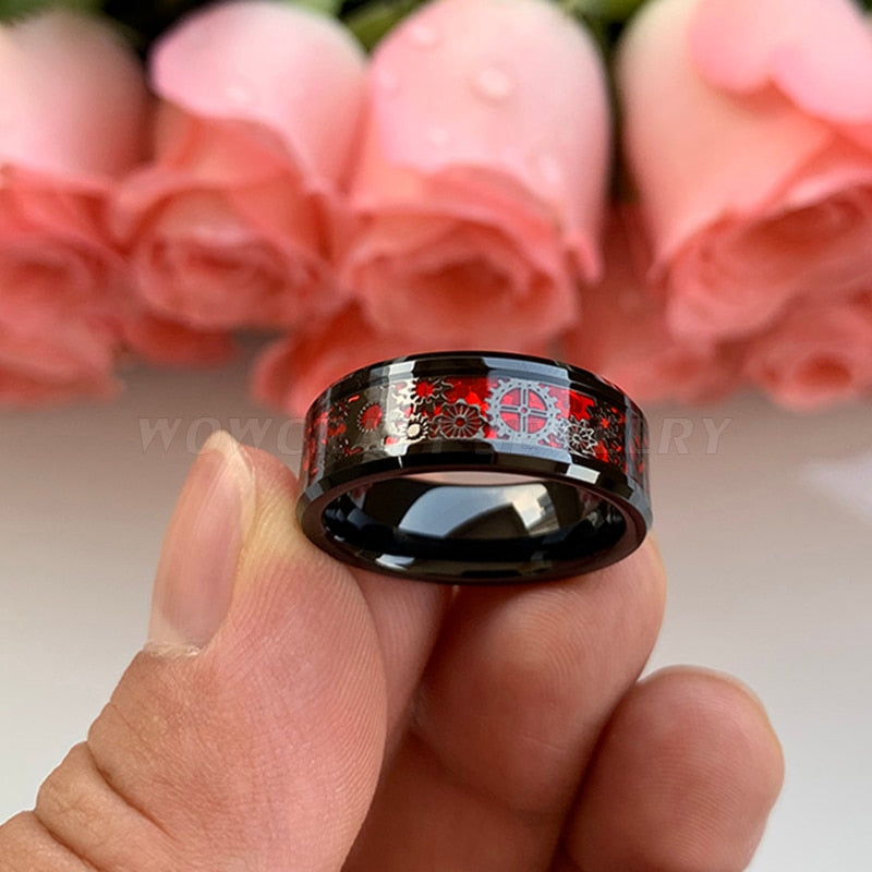 6mm, 8mm Gears Red Opal Inlay Black Unisex Rings - Promise Rings