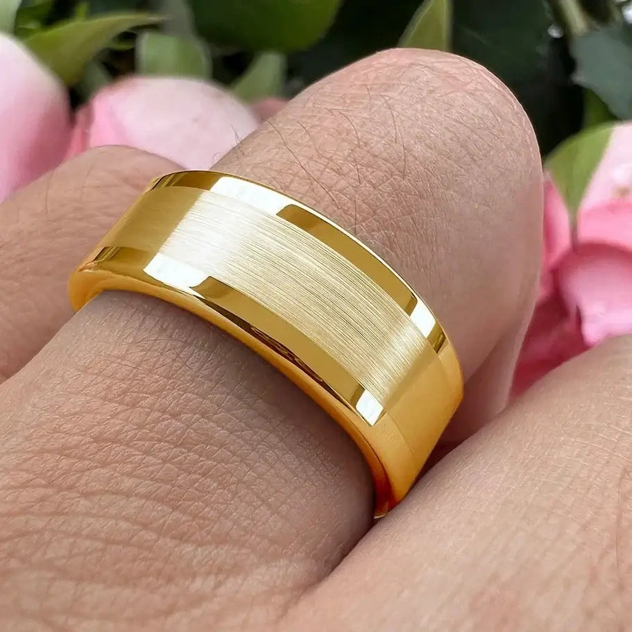 6mm & 8mm Tungsten Gold Centre Brushed with Polished Edges Ring – Elegant Modern Statement (Unisex) - Promise Rings