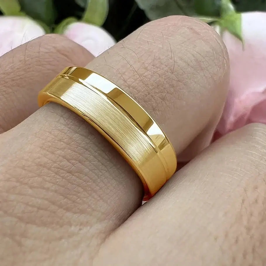6mm & 8mm Tungsten Gold Offset Groove Polished and Brushed Two-Tone Ring – Elegant Contrast with Modern Flair (Unisex) - Promise Rings