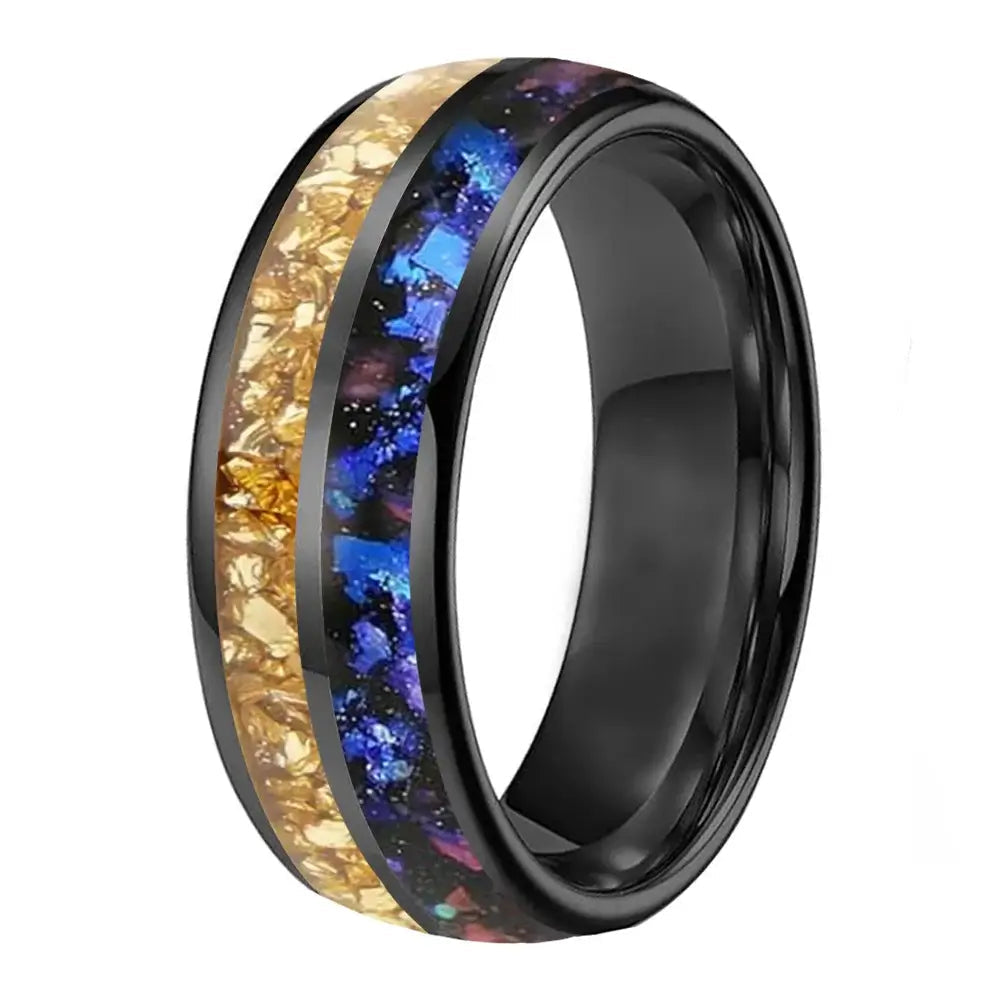 8mm Tungsten Black Gold Crystal Nebula Opal Ring – Cosmic Design & Comfort Fit (Unisex) - Promise Rings