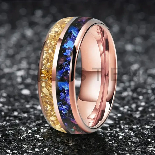 8mm Tungsten Gold Crystal Nebula Opal Rose Gold Ring – Cosmic Design & Comfort Fit (Unisex) - Promise Rings