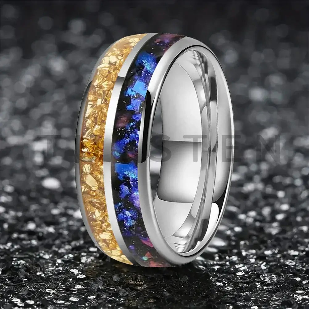8mm Tungsten Gold Crystal Nebula Opal Silver Ring – Cosmic Design & Comfort Fit (Unisex) - Promise Rings
