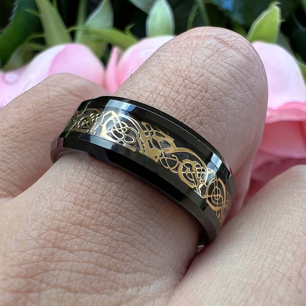 6mm & 8mm Tungsten Celtic Dragon Carbon Fibre Black Ring – Symbol of Strength and Protection (Unisex) - Promise Rings