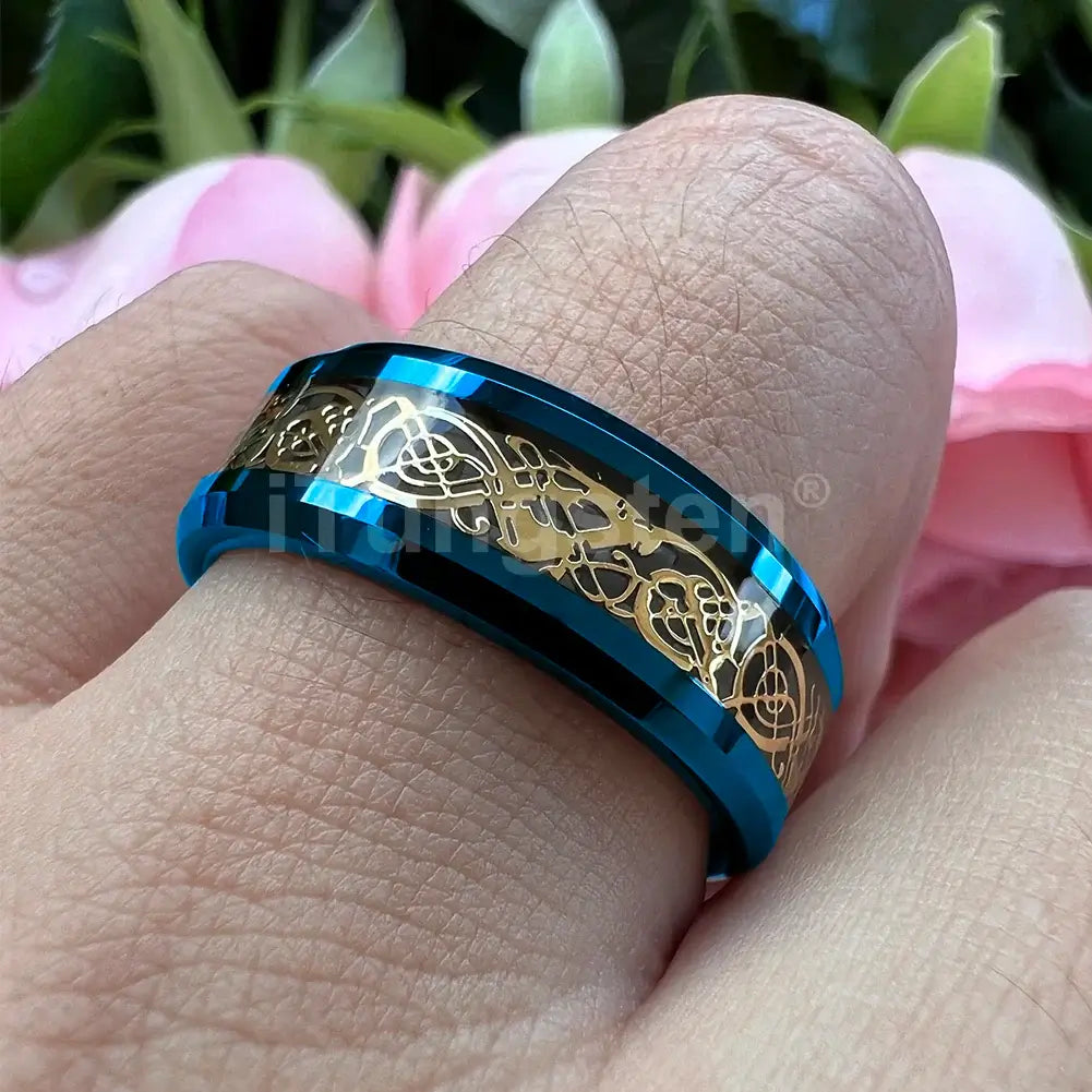 6mm & 8mm Tungsten Celtic Dragon Carbon Fibre Blue Ring – Symbol of Strength and Protection (Unisex) - Promise Rings