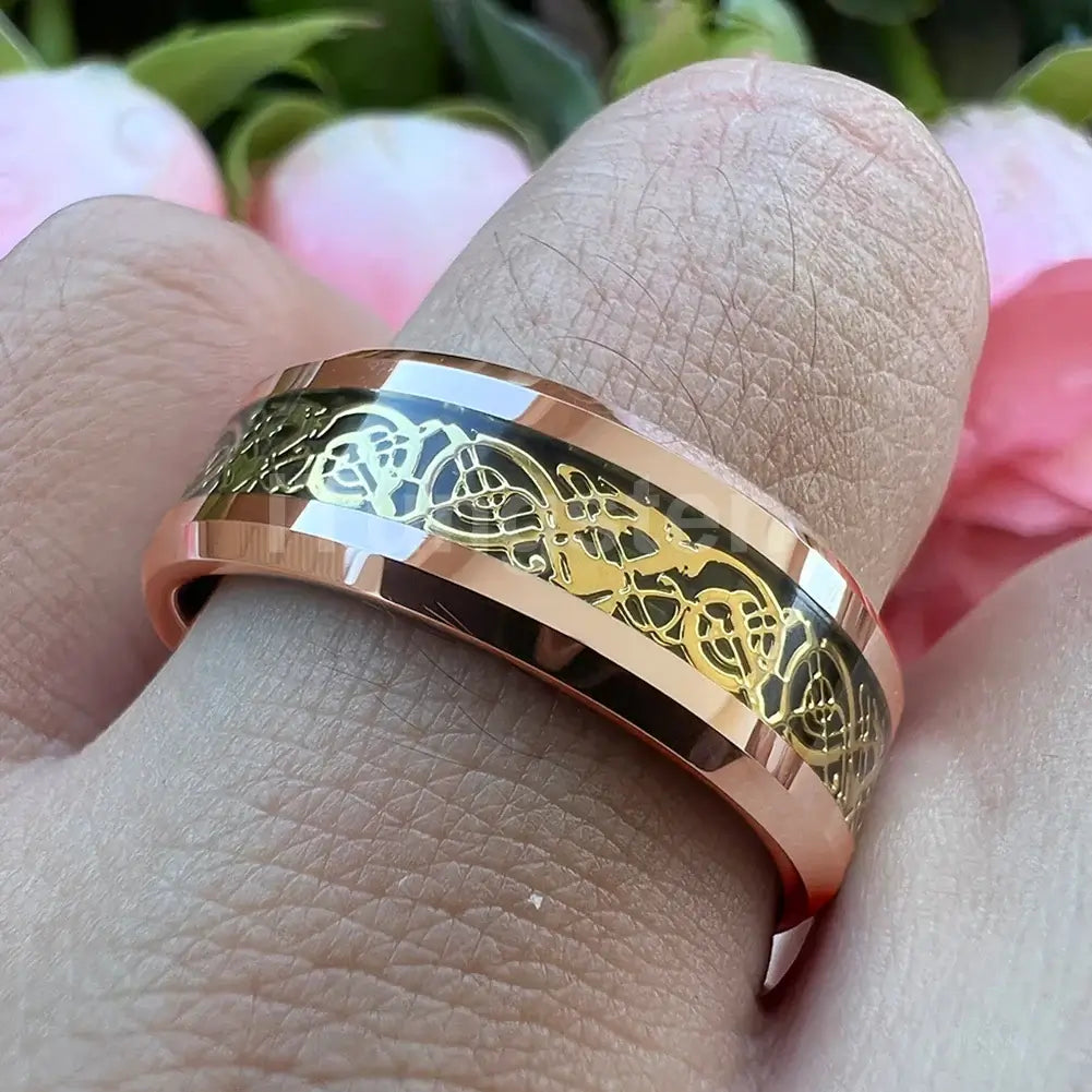 6mm & 8mm Tungsten Golden Celtic Dragon Carbon Fibre Ring – Mythical Strength and Celtic Heritage (Unisex) - Promise Rings