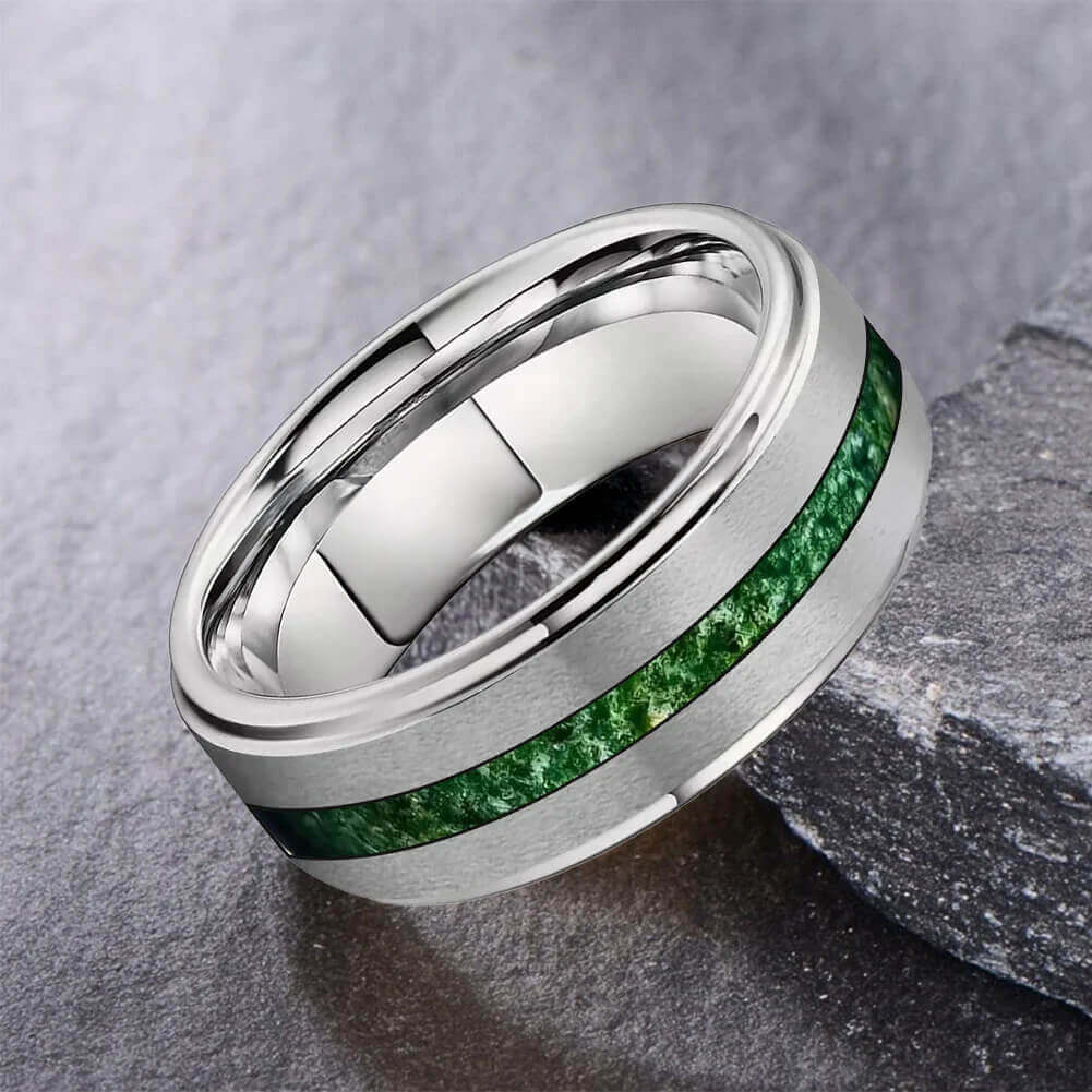 6mm & 8mm Silver Tungsten Ring – Green Moss Agate Inlay (Unisex) - Promise Rings
