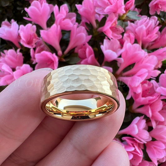 6mm, 8mm Hammered Gold Color Tungsten Unisex Ring - Promise Rings