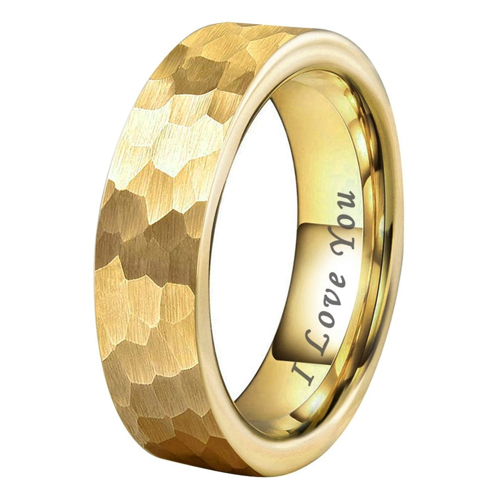 6mm & 8mm Hammered Gold Tungsten Ring – “I Love You” Engraved (Men’s) - Promise Rings