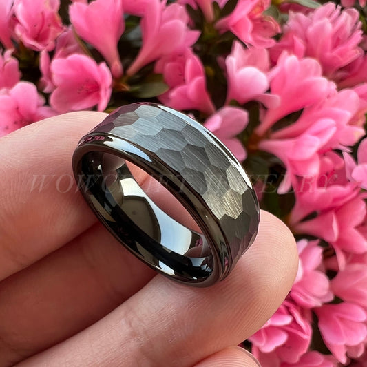 6mm & 8mm Black Tungsten Ring – Hammered “I Love You” Engraved Style (Unisex) - Promise Rings