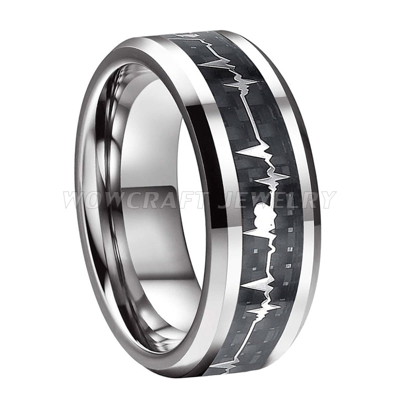 6mm, 8mm Heartbeat Electrocardiogram & Black Carbon Fibre Tungsten Unisex Ring - Promise Rings