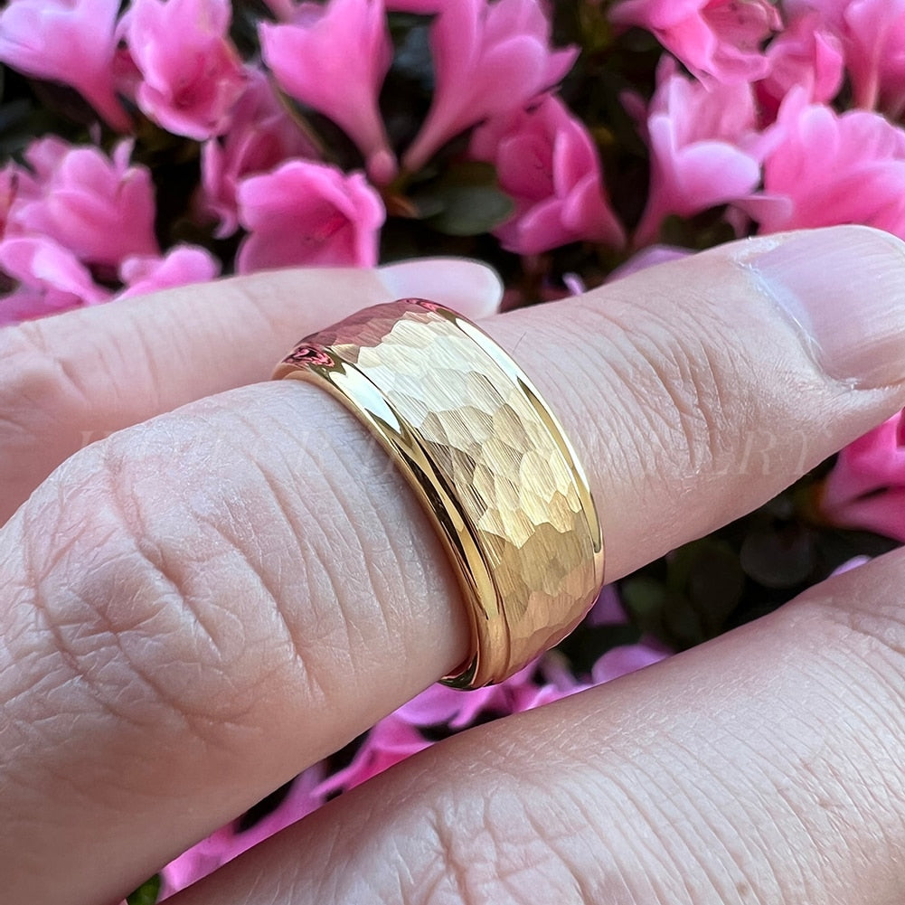 6mm, 8mm I Love You Engraved Hammered Gold Color Tungsten Unisex Ring - Promise Rings