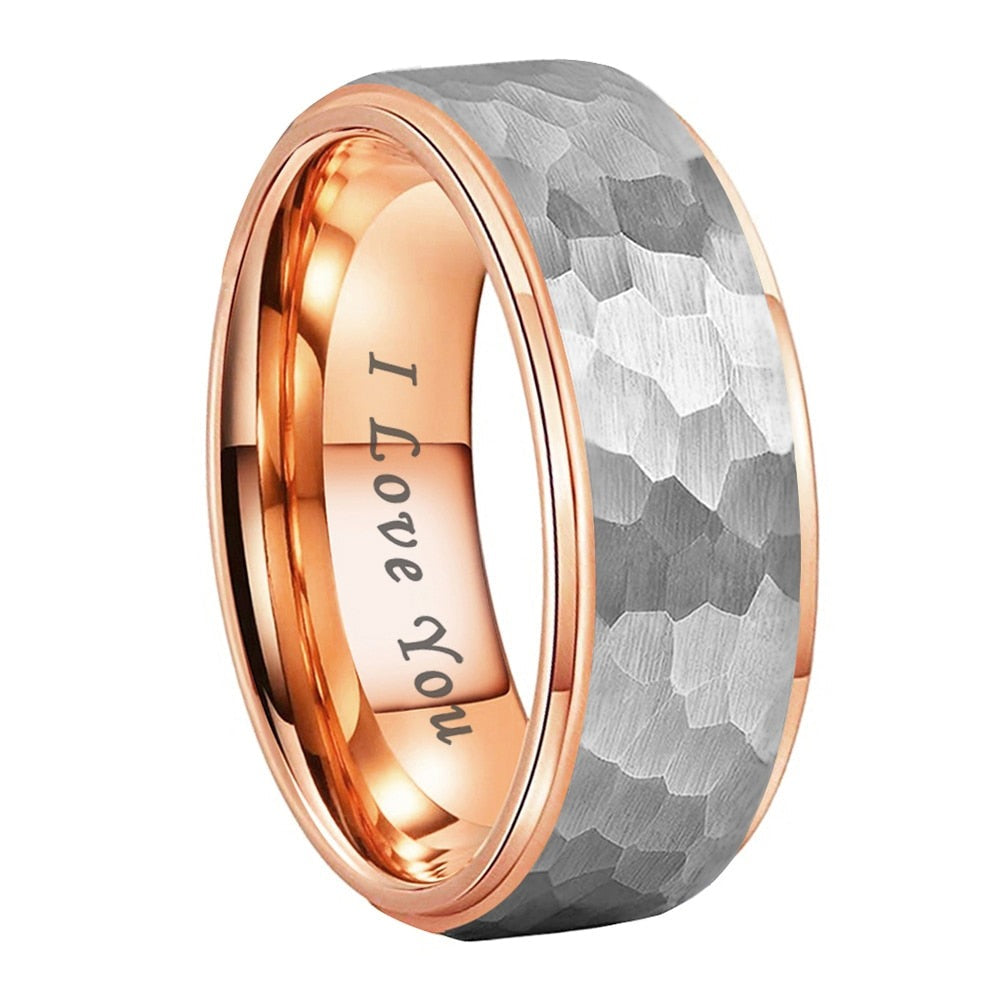 6mm, 8mm I Love You Engraved Hammered Silver & Rose Gold Tungsten Unisex Ring - Promise Rings