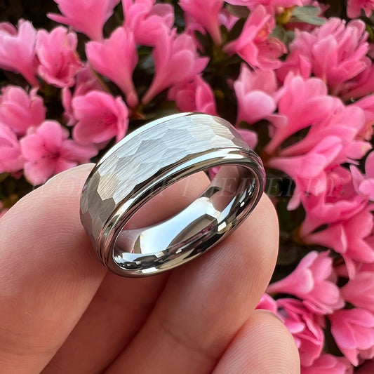 6mm, 8mm I Love You Engraved Hammered Tungsten Silver Unisex Ring - Promise Rings