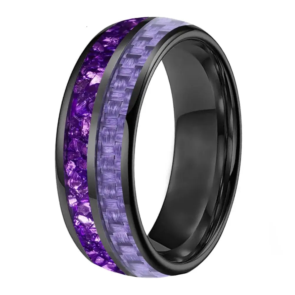 8mm Tungsten Black Purple Crystal & Carbon Fibre Ring – Unique Cosmic Design & Comfort Fit (Unisex) - Promise Rings